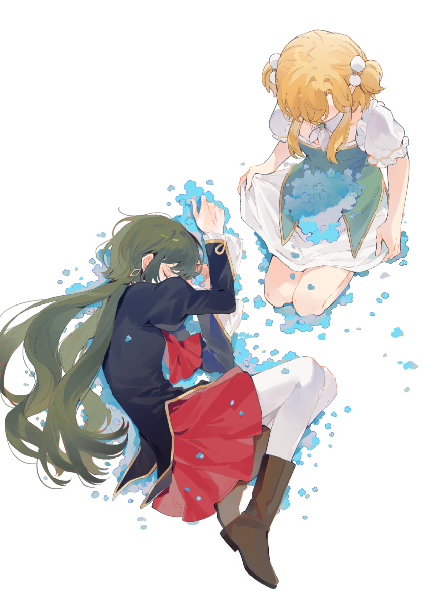 2girls, absurdres, bad_link, blonde_hair, blue_flower, boots, bow, dress