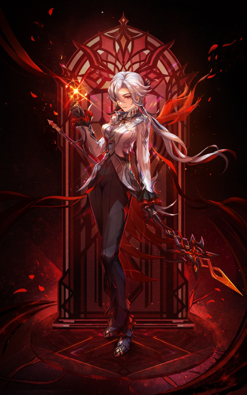 1girl, arlecchino_(genshin_impact), black_background, black_eyes, black_footwear, black_gloves, black_nails, black_pants