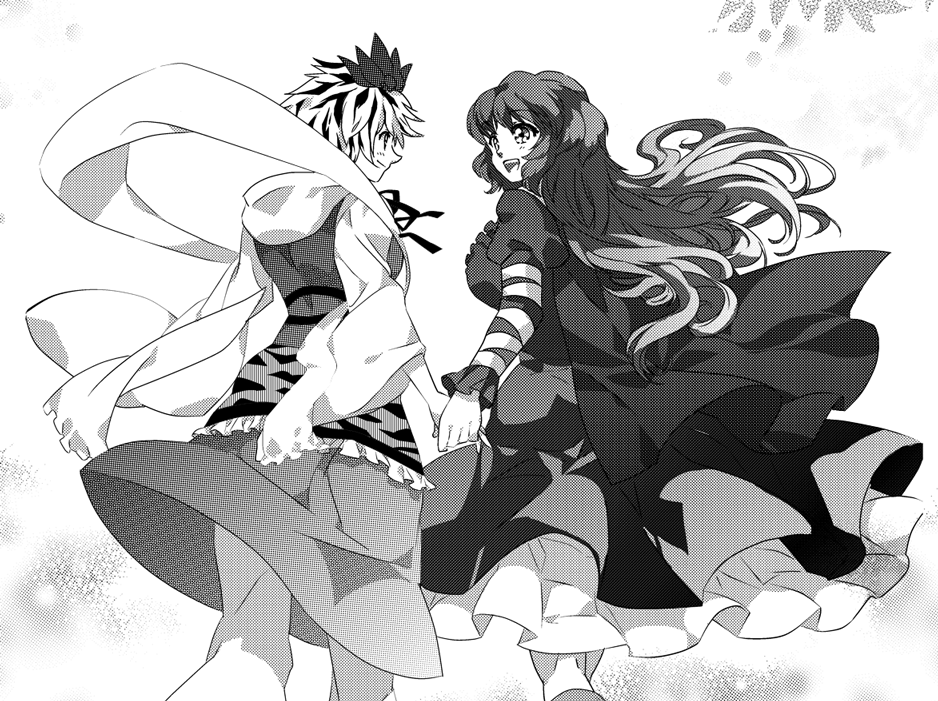 akiyama_(yamagoya), bad_id, dress, hijiri_byakuren, holding_hands, monochrome, multicolored_hair, multiple_girls