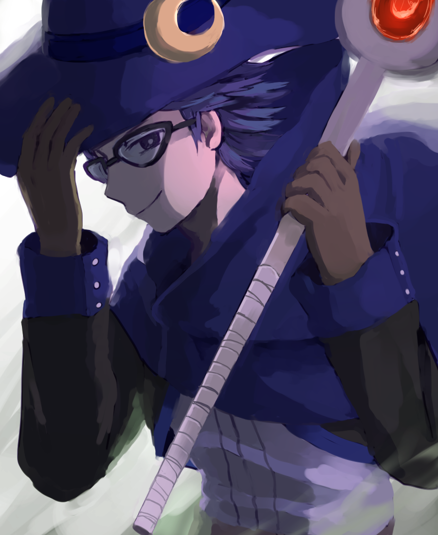 1boy, blue_cloak, blue_hair, brown_gloves, cloak, cororo_booth, crescent, crescent_hat_ornament, dokapon_kingdom, dust, glasses, gloves, hat, hat_ornament, long_sleeves, looking_at_viewer, magician_(dokapon), male_focus, short_hair, smile, solo, upper_body, white_background, wizard_hat