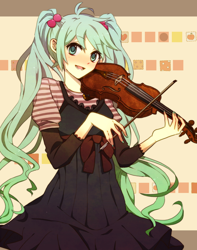 bow, dress, green_eyes, green_hair, hatsune_miku, instrument, long_hair, smile, solo, twintails, very_long_hair, violin, vocaloid, yukiguni_(moaism)