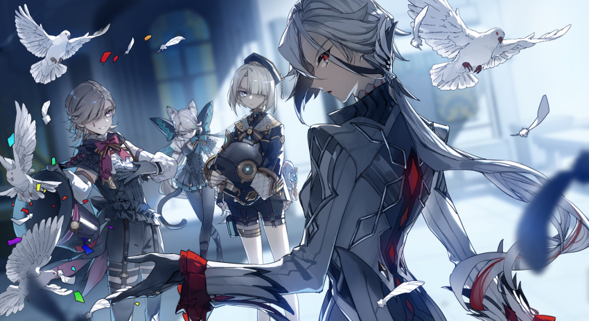 2boys, 2girls, animal_ears, arlecchino_(genshin_impact), beret, bird, black_capelet, black_dress