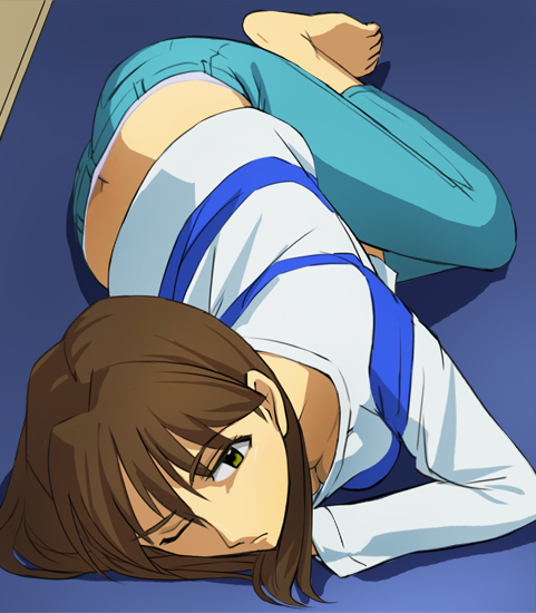 between_thighs, breasts, brown_hair, butt_crack, cleavage, down_blouse, downpants, frown