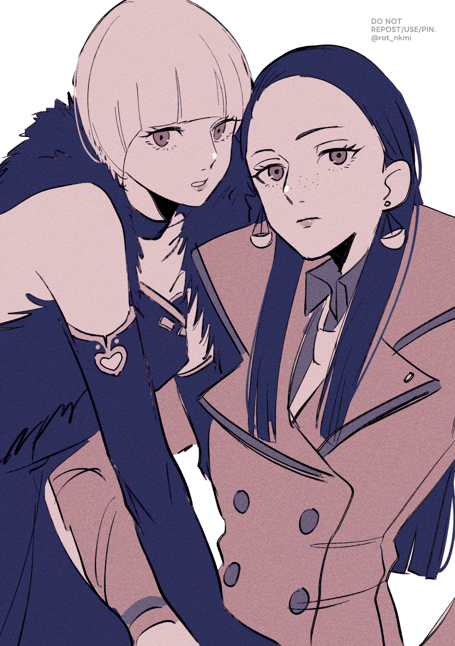 2girls, ace_attorney, blunt_bangs, callisto_yew, closed_mouth, coat, collared_shirt, dress