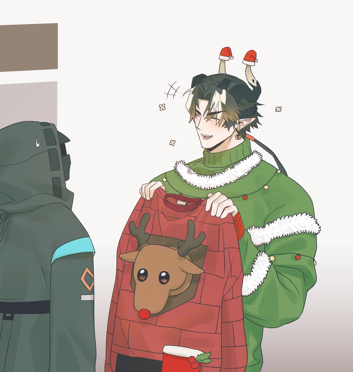 +++, 1boy, 1other, ambiguous_gender, arknights, black_hair, blonde_hair, brown_hair