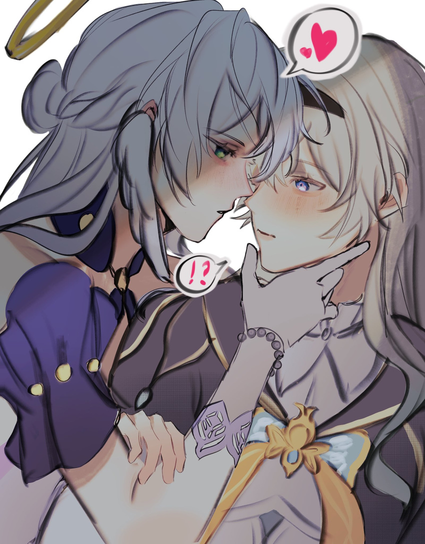 !?, 2girls, black_hairband, blue_eyes, blush, bracelet, commentary, ear_wings