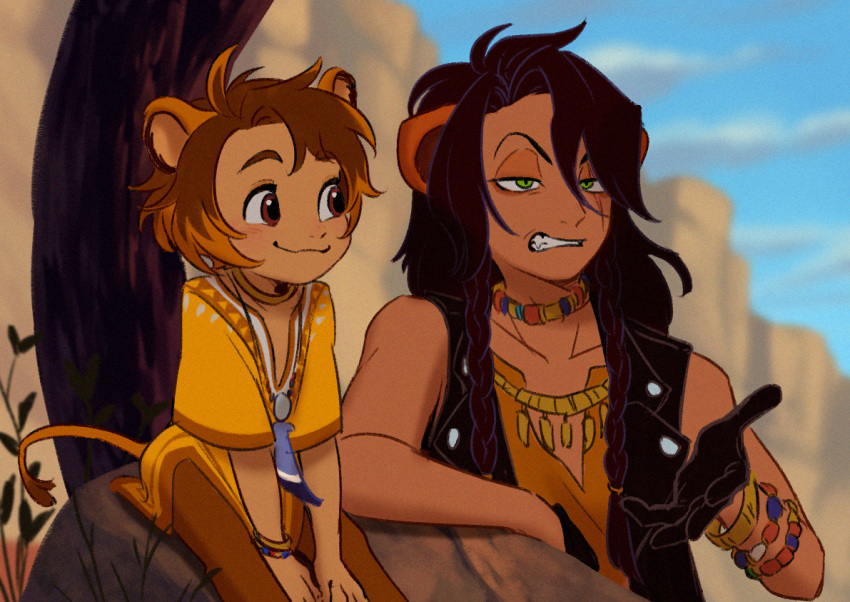2boys, animal_ears, black_gloves, black_pants, black_shirt, bracelet, brown_eyes, brown_hair