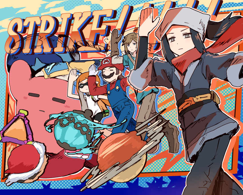 2boys, 2girls, :|, absurdres, akari_(pokemon), aqua_background, bad_id, bad_twitter_id