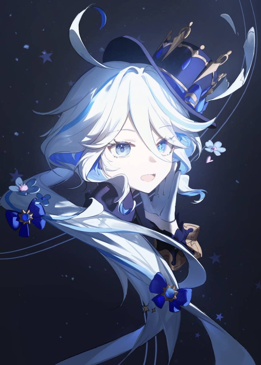 1girl, :d, ahoge, blue_background, blue_bow, blue_eyes, blue_flower, blue_hair