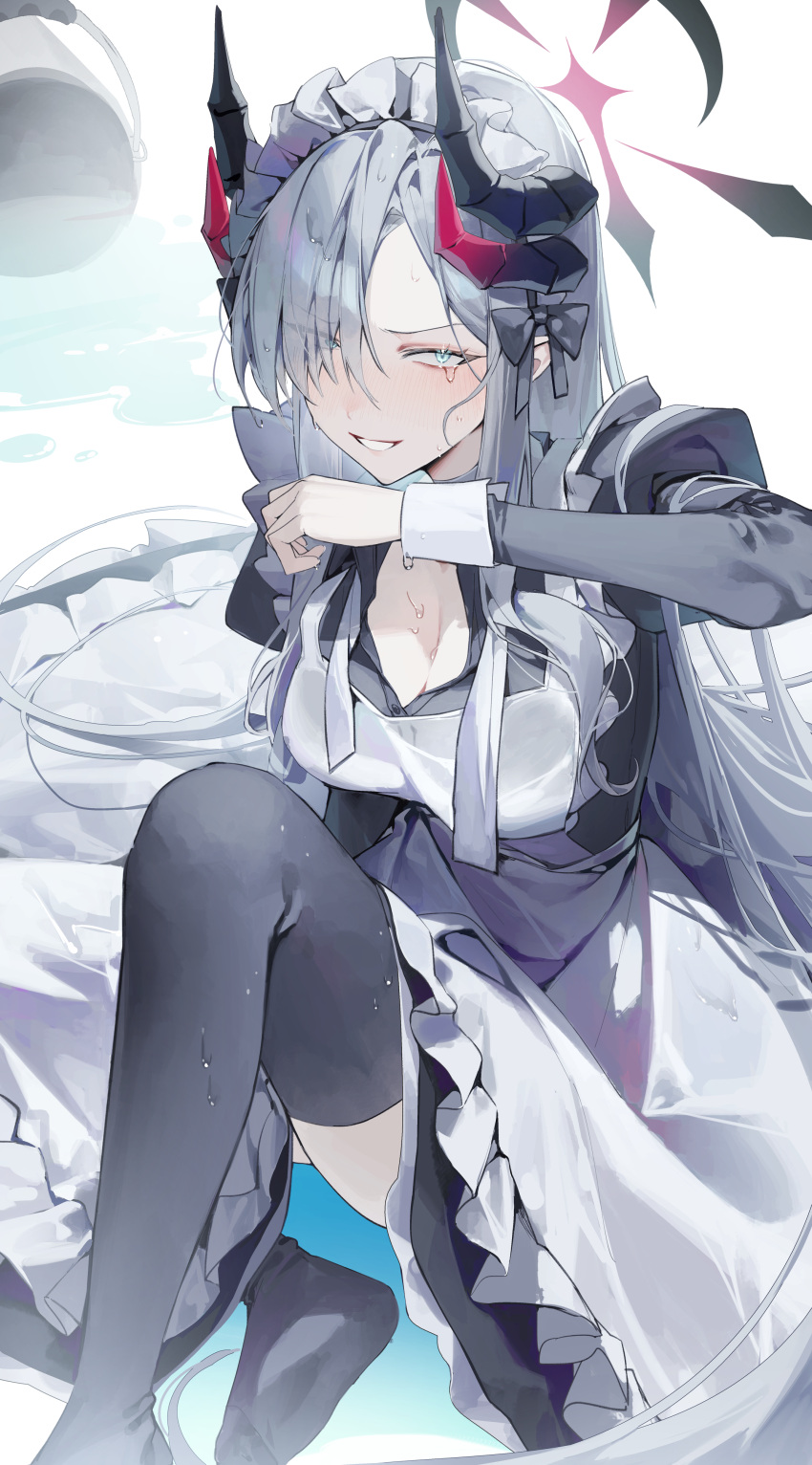 1girl, absurdres, alternate_costume, apron, black_dress, black_halo, black_horns, blue_archive
