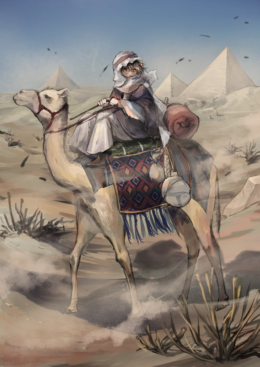 1girl, animal, camel, camel_riding, commentary_request, day, desert, full_body, highres, holding, holding_reins, long_sleeves, nataro_1116, open_mouth, orange_eyes, original, outdoors, pyramid_(structure), reins, riding, shadow, sitting, sky, solo, sweat, turban, wide_sleeves, wind