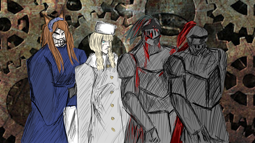 2boys, 2girls, 9jisi, black_panties, black_souls, blonde_hair, blood, blue_dress