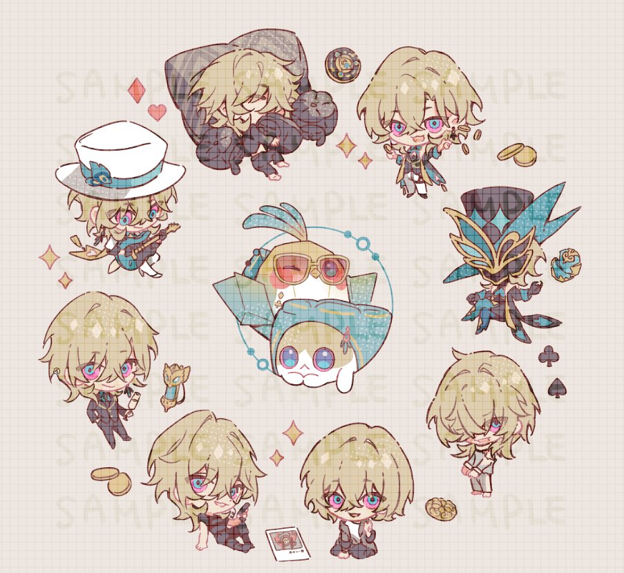 6+boys, aventurine_(anan)_(honkai:_star_rail), aventurine_(boss)_(honkai:_star_rail), aventurine_(bullseye)_(honkai:_star_rail), aventurine_(final_victor)_(honkai:_star_rail), aventurine_(honkai:_star_rail), aventurine_(origami_bird)_(honkai:_star_rail), aventurine_(star_rail_live_2024)_(honkai:_star_rail), blonde_hair, champagne_flute, chibi, coin, critter_pick_(honkai:_star_rail), cuffs, cup, drinking_glass, electric_guitar, formal, gloves, guitar, gun, hat, honkai:_star_rail, honkai_(series), instrument, jewelry, kakavasha_(honkai:_star_rail), multiple_boys, multiple_persona, onedayfour, pillow, short_hair, sleeping, suit, sunglasses, two-tone_eyes, weapon