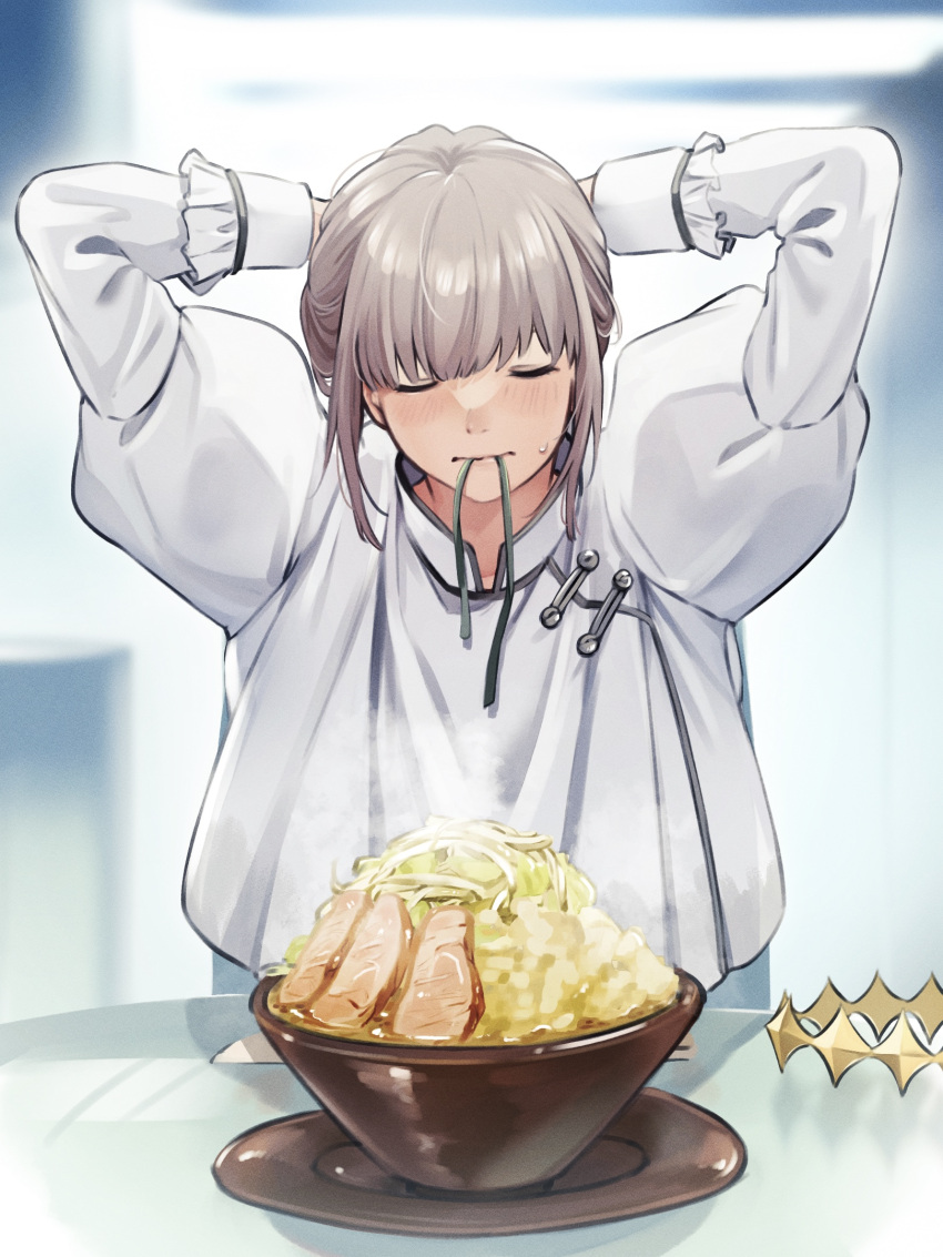 1boy, adjusting_hair, arms_up, blush, bowl, closed_eyes, closed_mouth, facing_viewer