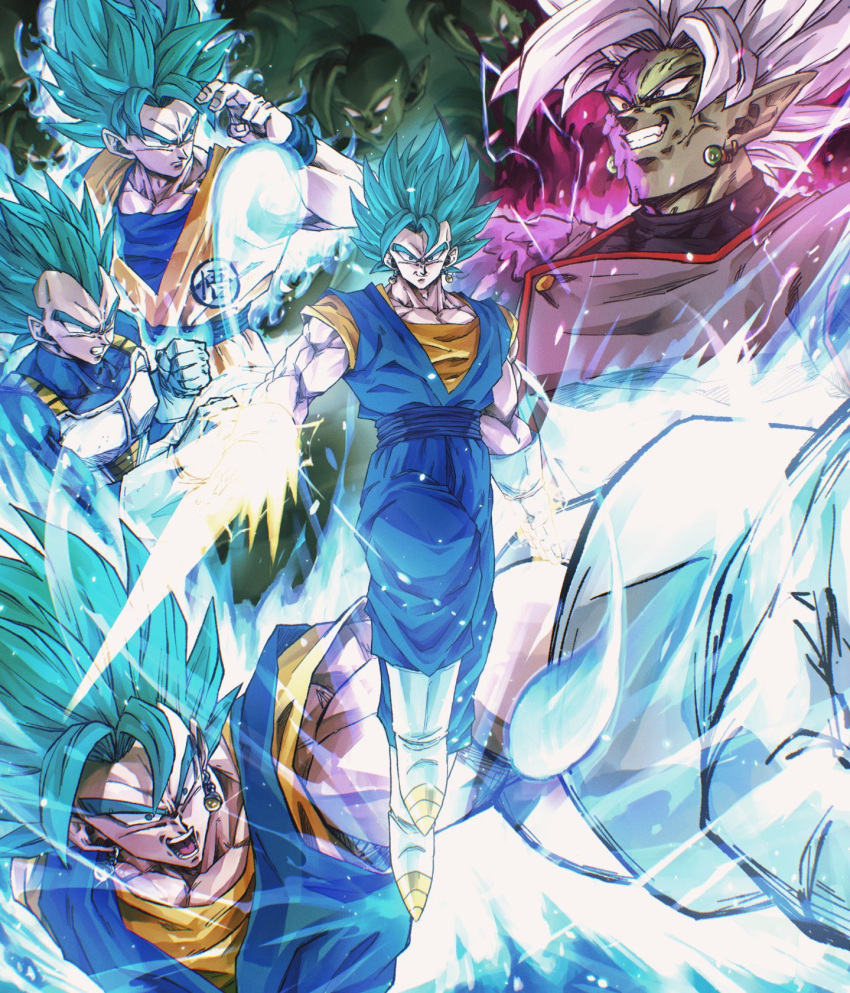 4boys, armor, aura, blue_bodysuit, blue_eyes, blue_hair, blue_pants, blue_shirt