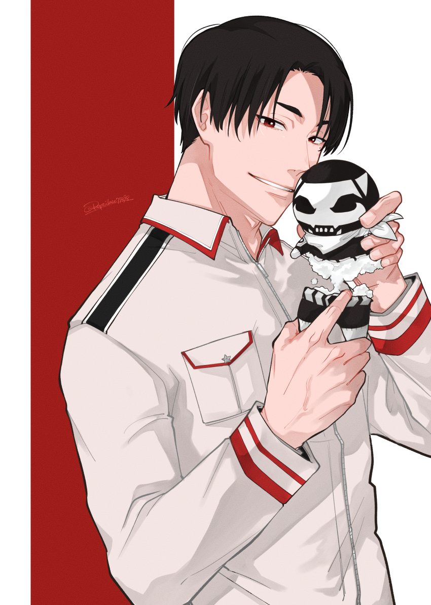 absurdres, akabane_sousei, black_hair, character_doll, highres, jacket, long_sleeves, looking_at_viewer