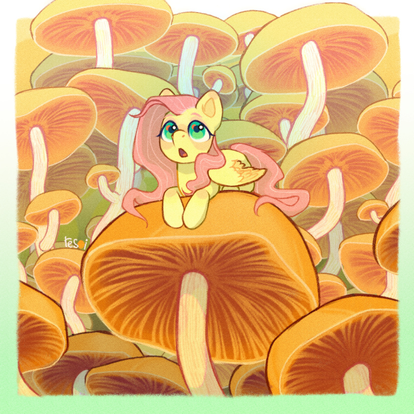 1girl, absurdres, artist_name, feathered_wings, fluttershy, green_eyes, highres, long_hair, looking_up, mushroom, my_little_pony, my_little_pony:_friendship_is_magic, no_humans, on_mushroom, open_mouth, pegasus, pink_hair, resoi0, solo, wings, yellow_fur, yellow_wings