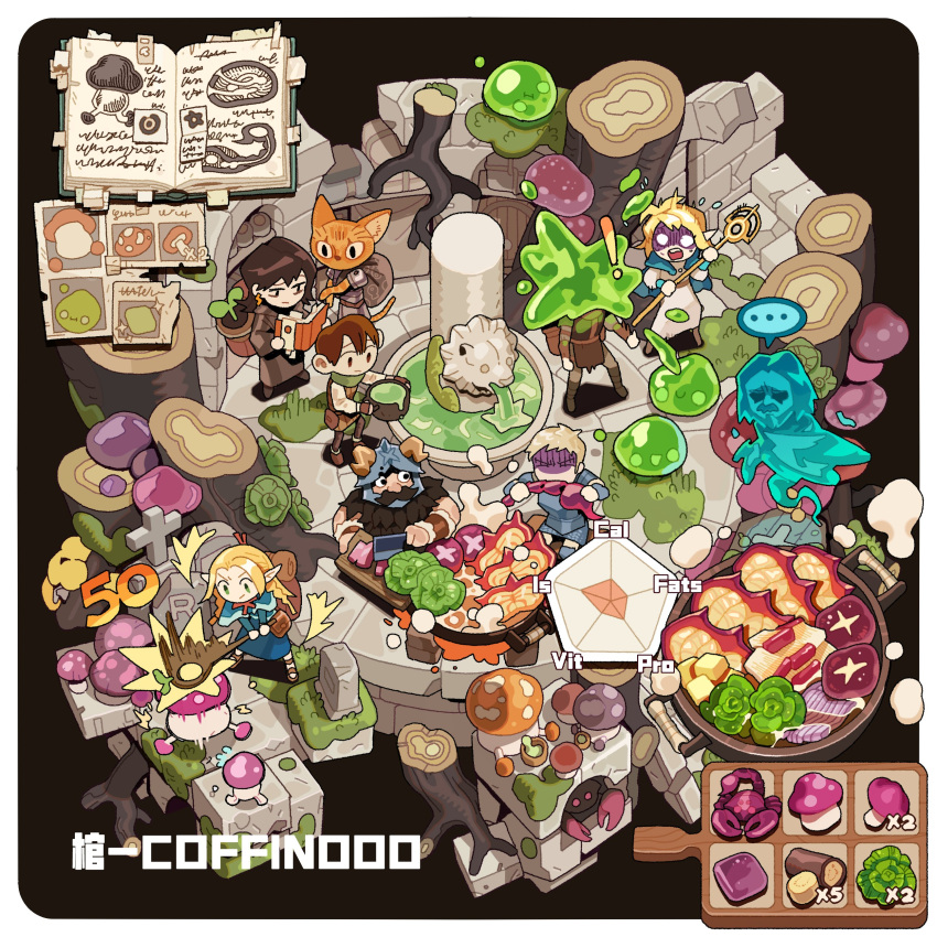 !, ..., 2girls, 4boys, absurdres, armor, artist_name, bag, blonde_hair, book, brown_hair, chilchuck_tims, cleaver, closed_eyes, coffinooo, commentary, dungeon_meshi, eating, fake_horns, food, fountain, furry, ghost, helmet, highres, holding, holding_book, holding_staff, horned_helmet, horns, laios_touden, long_hair, long_sleeves, marcille_donato, monster, multiple_boys, multiple_girls, multiple_views, mushroom, open_mouth, pointy_ears, senshi_(dungeon_meshi), sitting, slime_(creature), staff, stairs, symbol-only_commentary, tombstone, tree, walking_mushroom_(dungeon_meshi)