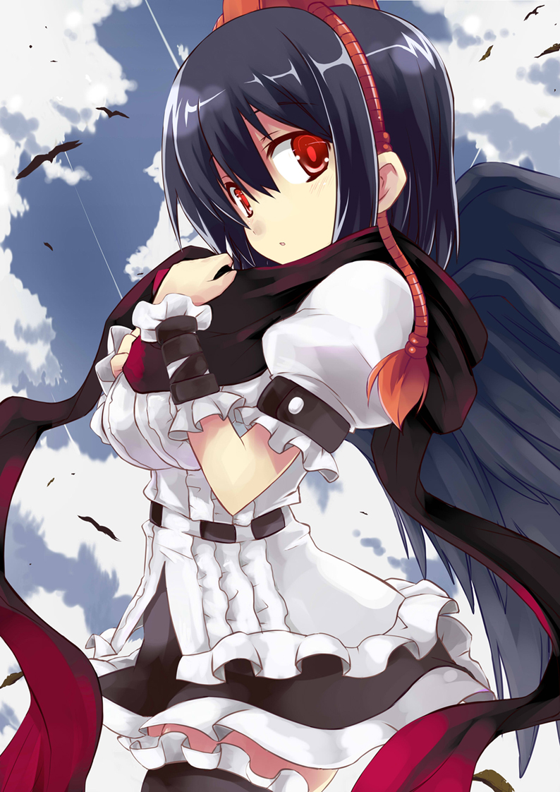 black_wings, hat, kurokawa_izumi, red_eyes, scarf, shameimaru_aya, short_hair, skirt