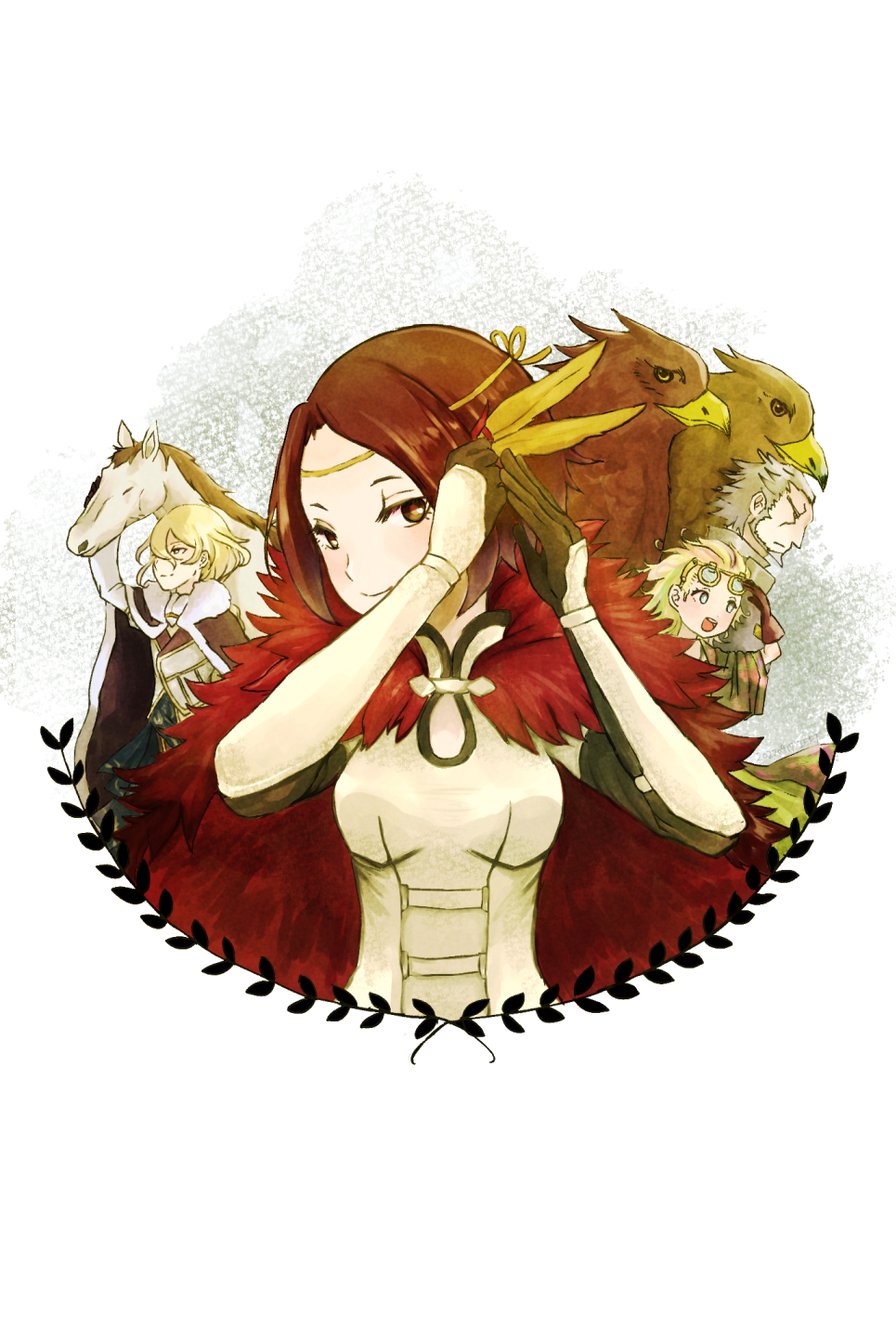 adjusting_hair_ornament, amurokku_utsubo, beard, benedict_pascal, bird, blonde_hair, breasts, brown_cape