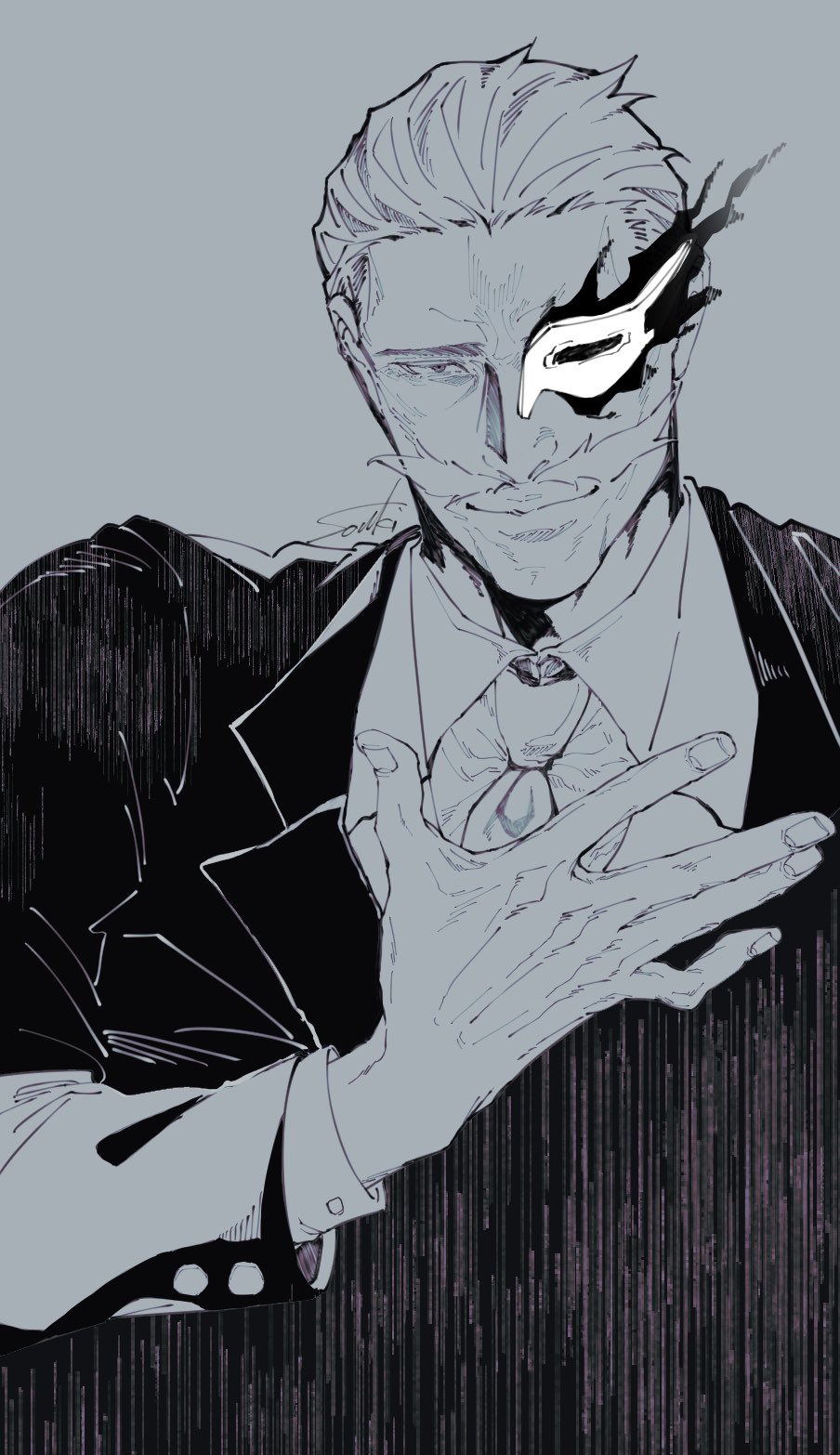 1boy, artist_name, facial_hair, greyscale, hair_slicked_back, half_mask, highres, kagurabachi