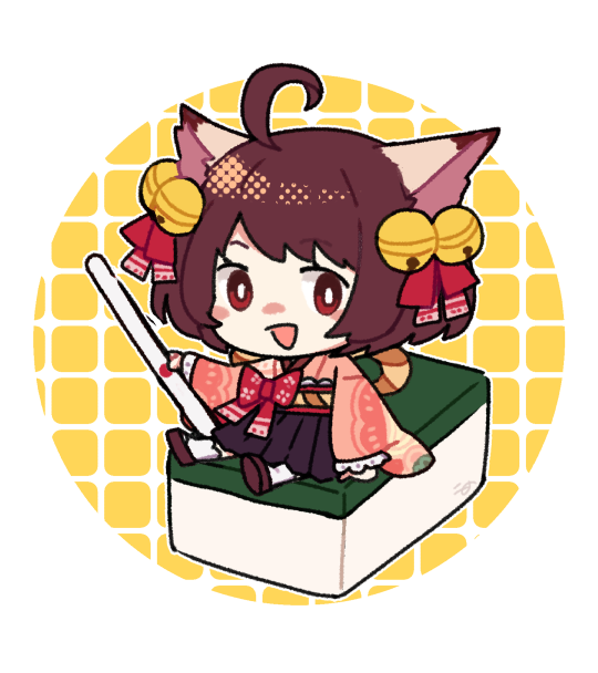 1girl, :d, ahoge, animal_ears, bell, bow, bright_pupils, brown_hair