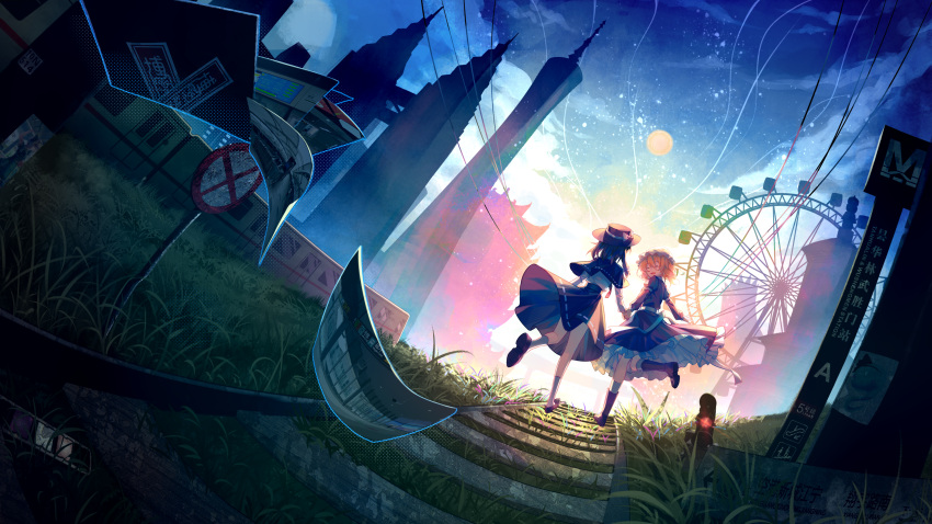 2girls, ^_^, absurdres, arrow_(symbol), backlighting, black_capelet, black_hat, black_skirt