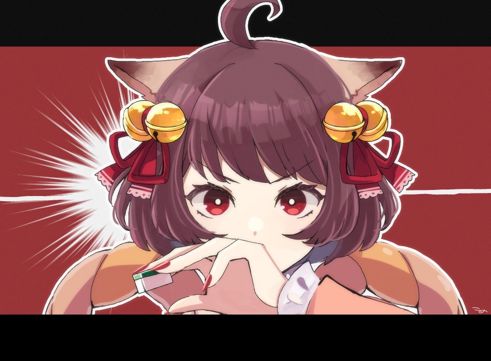 1girl, ahoge, animal_ears, bell, bright_pupils, brown_hair, cat_ears, cat_girl