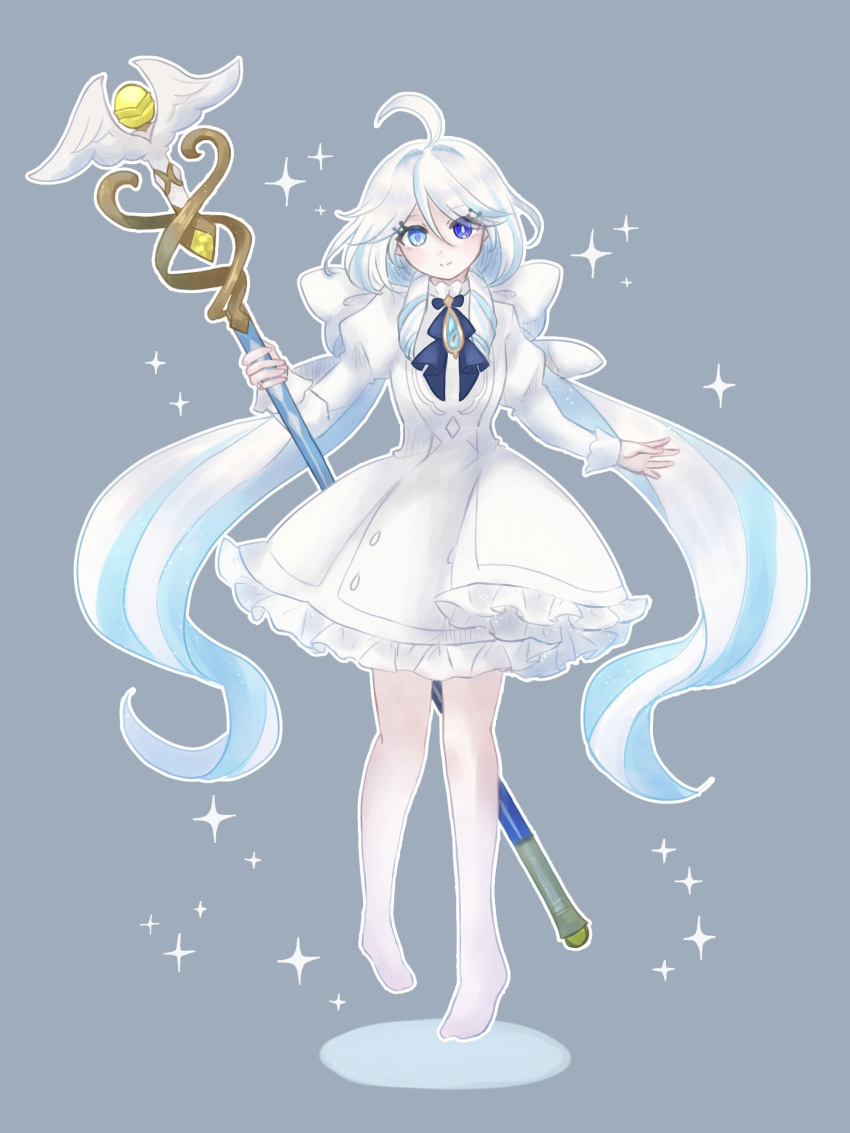 1girl, amaniama, ascot, barefoot, blue_ascot, blue_eyes, blue_hair, bow