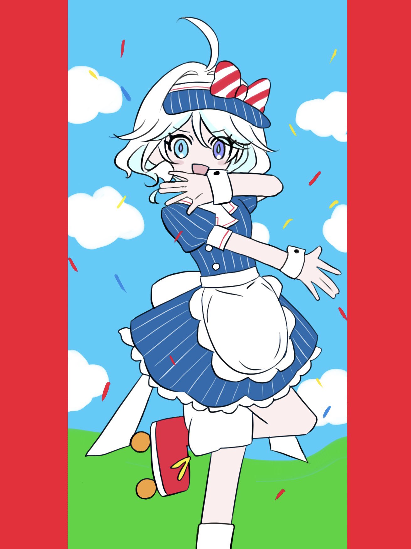 1girl, ahoge, amaniama, apron, blue_dress, blue_eyes, bow, confetti