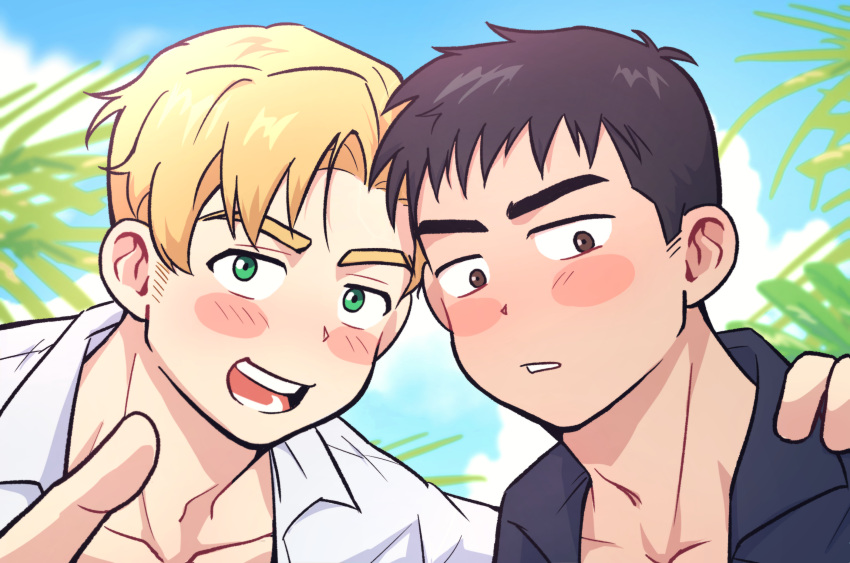2boys, ao_isami, black_hair, blonde_hair, blush_stickers, brown_eyes, collarbone, facial_hair