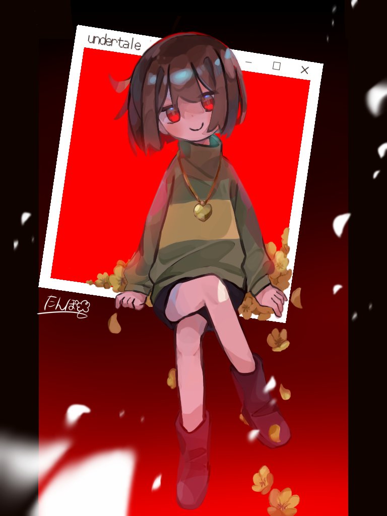 1other, ahoge, black_shorts, brown_hair, buttercup_(flower), chara_(undertale), closed_mouth, copyright_name