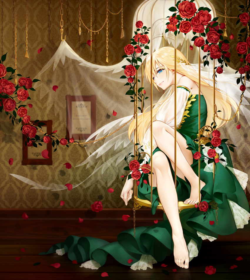 1girl, bare_legs, barefoot, birdcage, birdcage_veil, blonde_hair, blue_eyes, bow