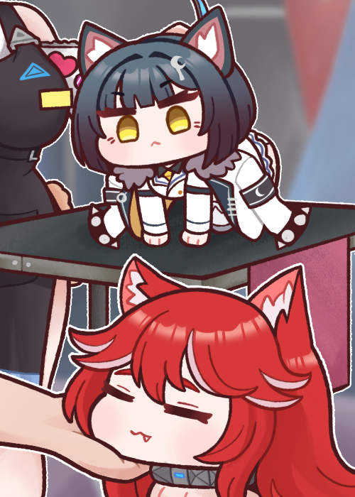 3girls, :<, all_fours, animal_ears, apron, black_hair, blunt_bangs, boryeon_(last_origin)