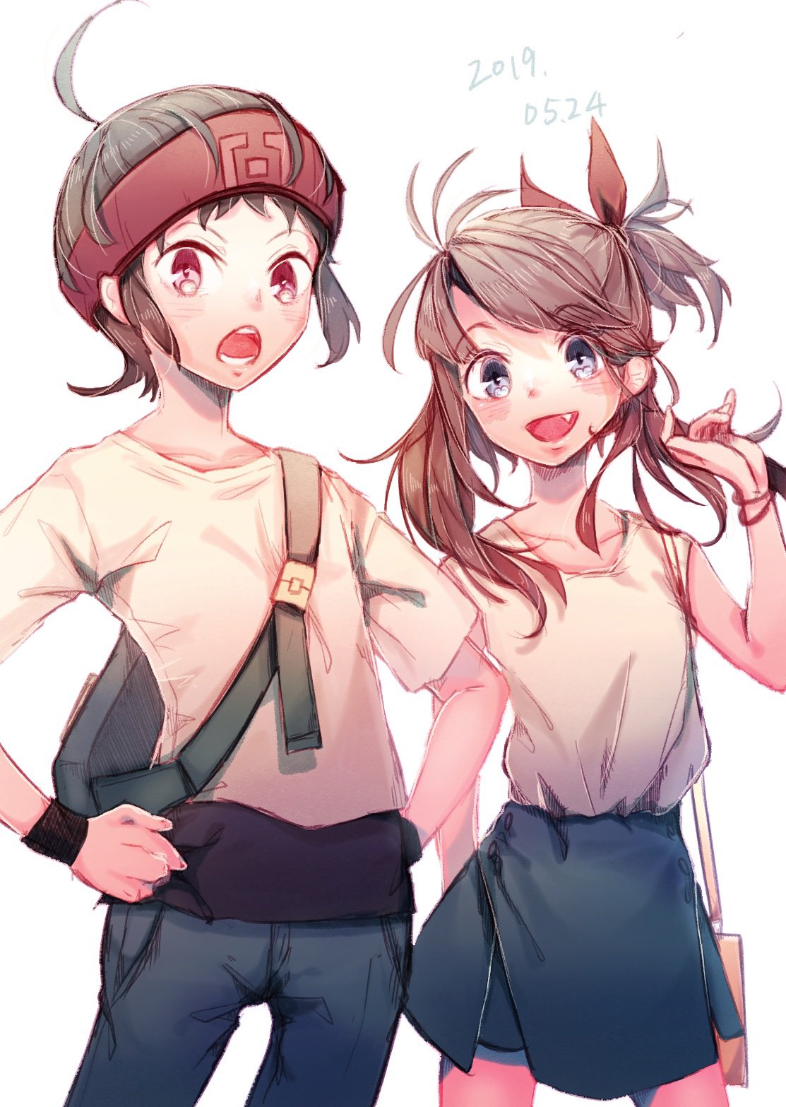 1boy, 1girl, :d, ahoge, bag, bracelet, brendan_(pokemon), brown_hair