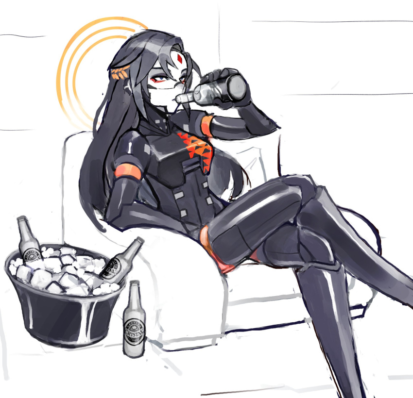 1girl, black_hair, bottle, commentary, couch, crossed_legs, decayedparasite, drinking