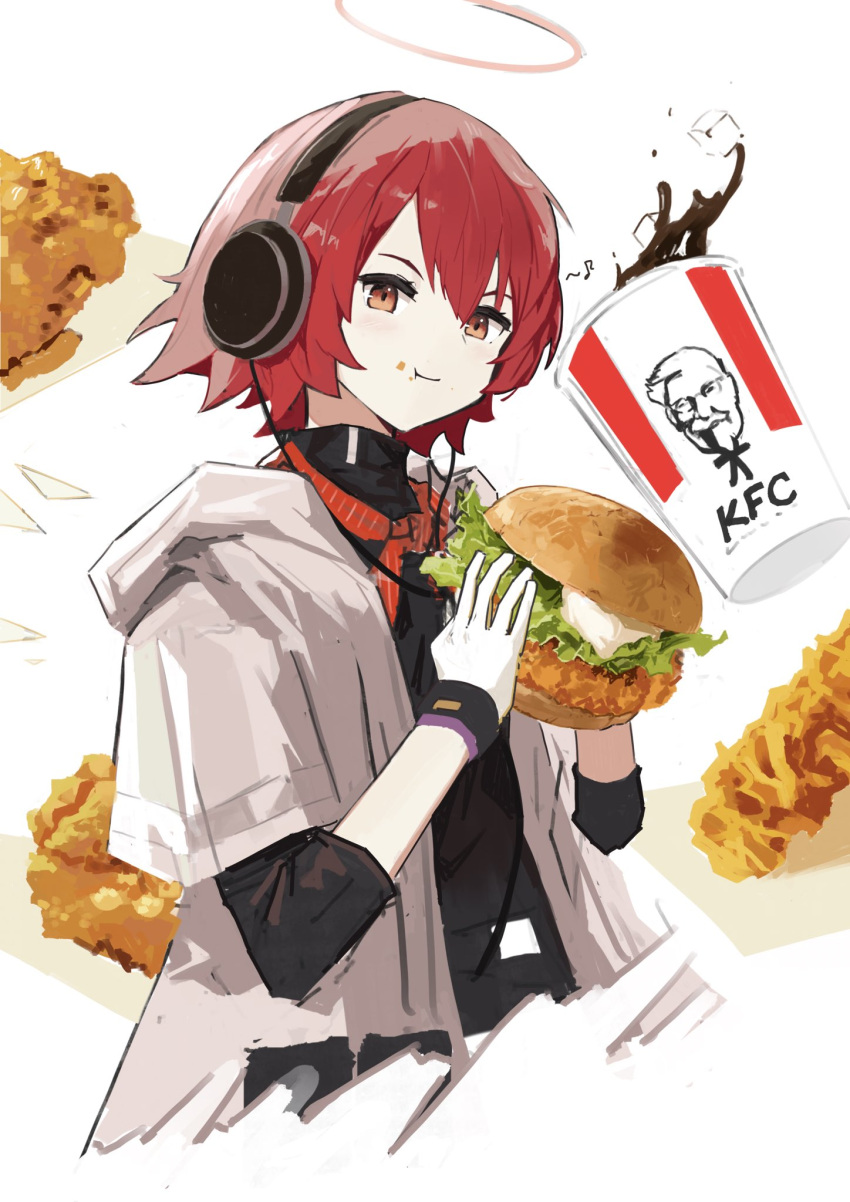 1girl, :t, arknights, black_shirt, brown_eyes, burger, cola, cup