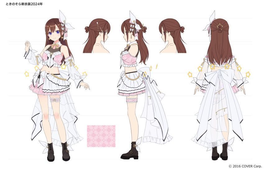 1girl, amagai_tarou, back_bow, bare_shoulders, bear_earrings, black_footwear, blue_eyes, boots