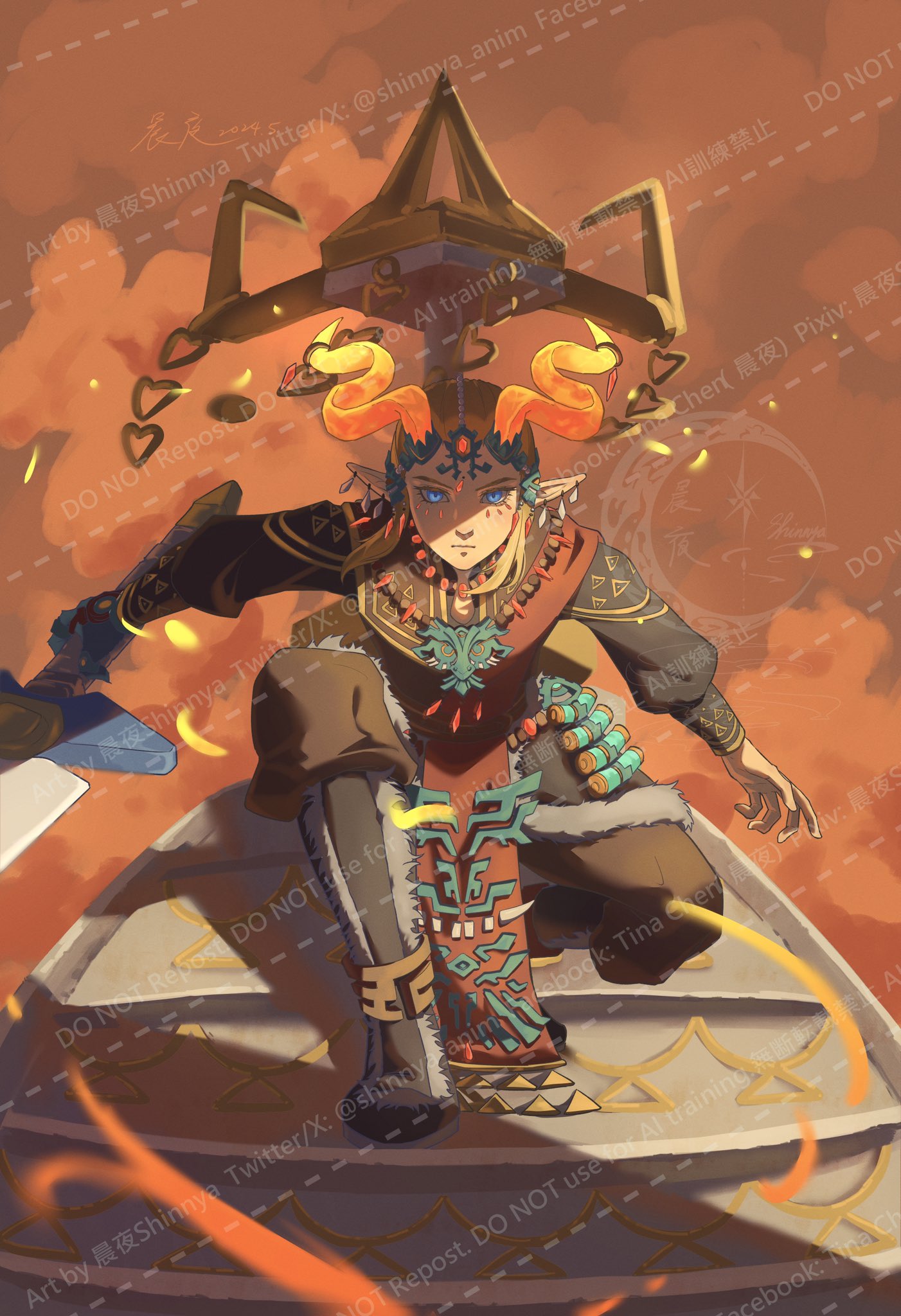 1boy, black_footwear, black_shirt, blue_eyes, boots, brown_pants, commentary, dragon_horns