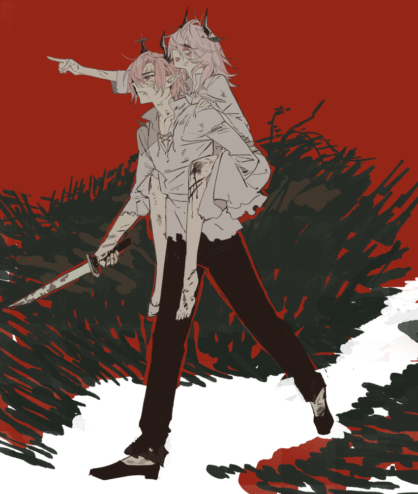 1boy, 1girl, arknights, black_footwear, black_pants, blood, blood_on_leg, brother_and_sister