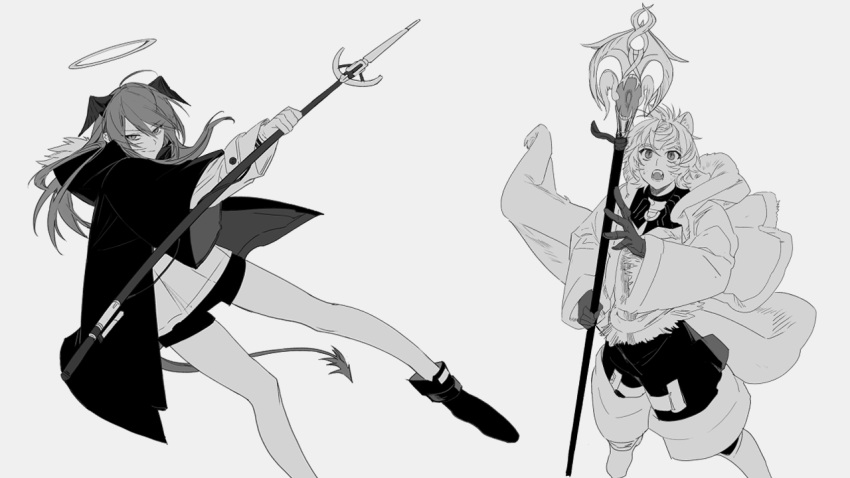 1boy, 1girl, ahoge, animal_ear_fluff, animal_ears, arknights, boots, demon_horns