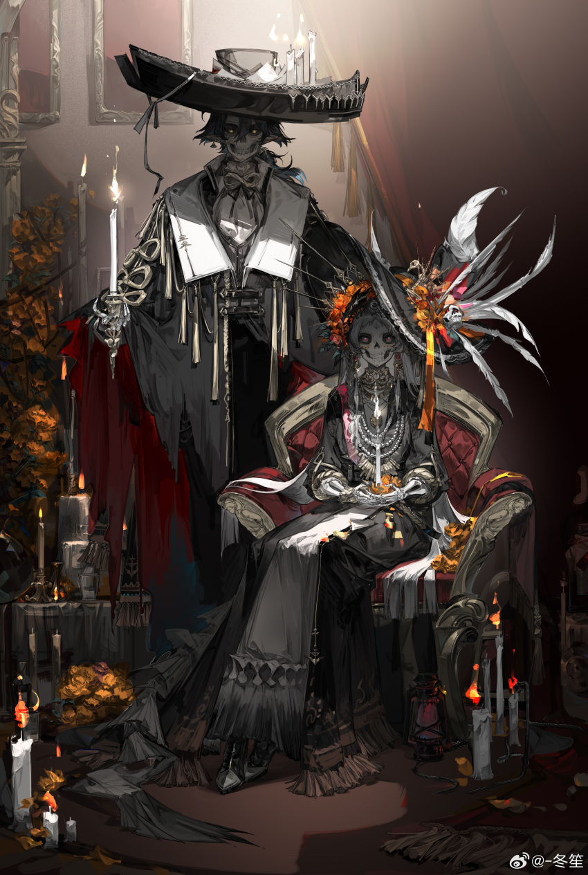 1boy, 1girl, absurdres, animal_skeleton, arknights, asymmetrical_sidelocks, black_cloak, black_dress