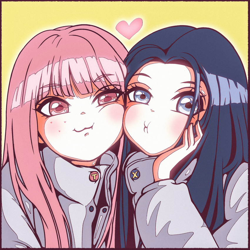 2girls, black_border, blue_eyes, blue_hair, border, cheek-to-cheek, hand_on_own_cheek, hand_on_own_face, heads_together, heart, highres, k-pop, kep1er, kim_chae-hyun, long_hair, looking_at_viewer, multiple_girls, pink_eyes, pink_hair, portrait, puckered_lips, real_life, shen_xiaoting, smile, vndafa, yellow_background