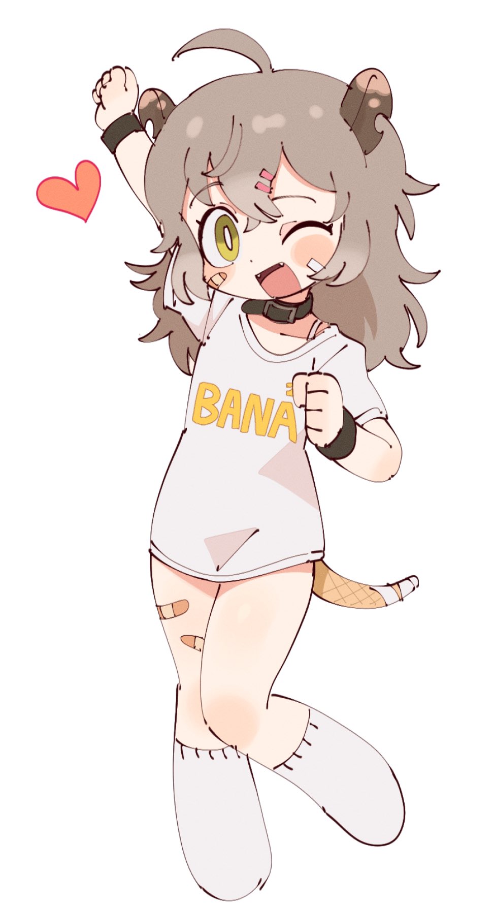 1girl, ahoge, animal_ears, arm_up, bandages, bandaid, bandaid_on_face, bandaid_on_nose