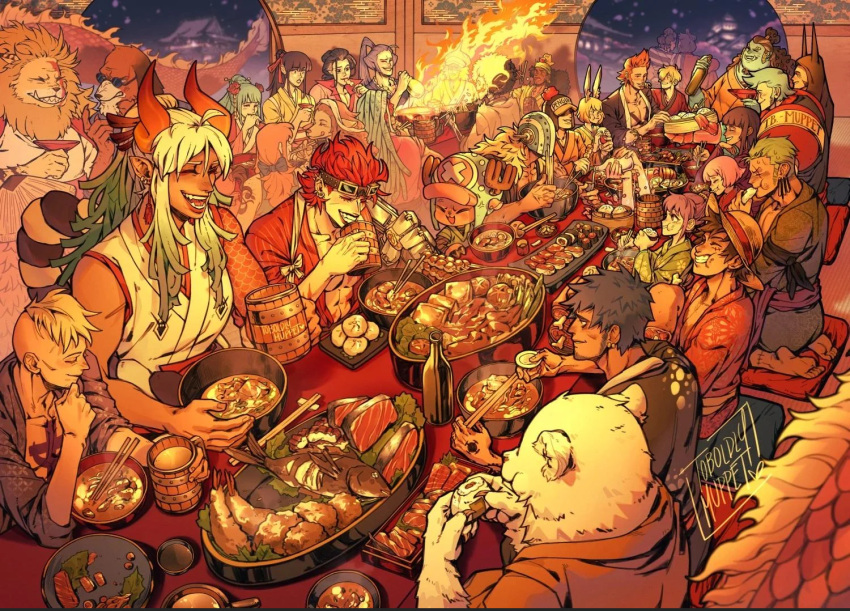 brook_(one_piece), eating, eustass_captain_kid, eustass_kid, franky_(one_piece), inuarashi_(one_piece), jimbei, killer_(one_piece), kurozumi_tama, marco_(one_piece), monkey_d._luffy, monkey_d_luffy, multiple_boys, multiple_girls, nami_(one_piece), nekomamushi, nico_robin, one_piece, roronoa_zoro, tony_tony_chopper, trafalgar_law, usopp, yamato_(one_piece)