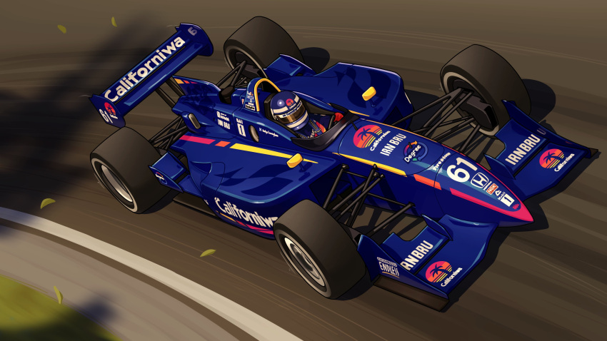 1girl, absurdres, arhentol, blue_car, blue_helmet, car, driving, fedex