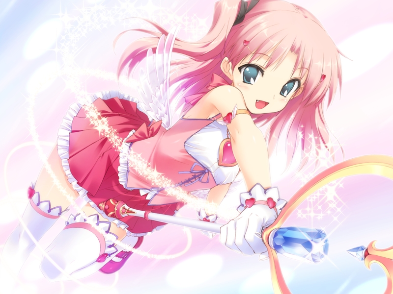 blush, flat_chest, game_cg, gloves, green_eyes, long_hair, maaryan, magical_girl, pink_hair, skirt, thigh_highs, thighhighs, to_heart_2, to_heart_2_ad, uniform, wand, wings, zettai_ryouiki