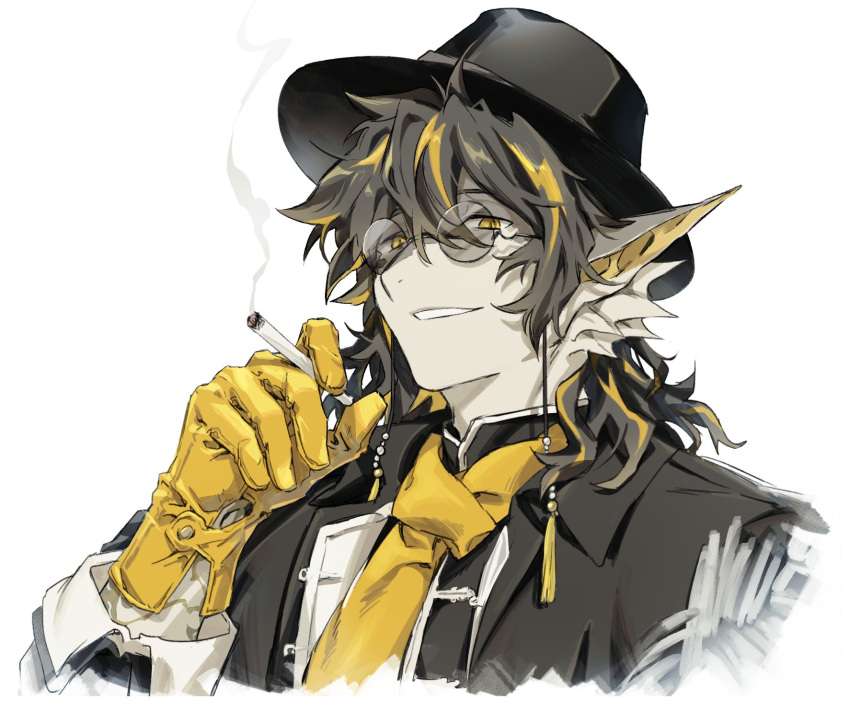 1boy, arknights, black_hair, black_hat, blonde_hair, cigarette, commentary_request, dragon_boy