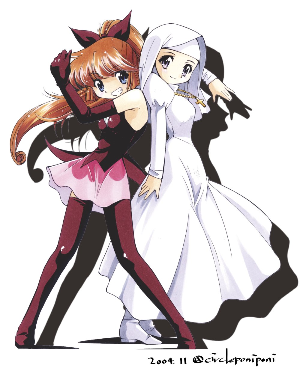 2girls, back-to-back, black_gloves, black_thighhighs, black_vest, blue_eyes, brown_hair, cross