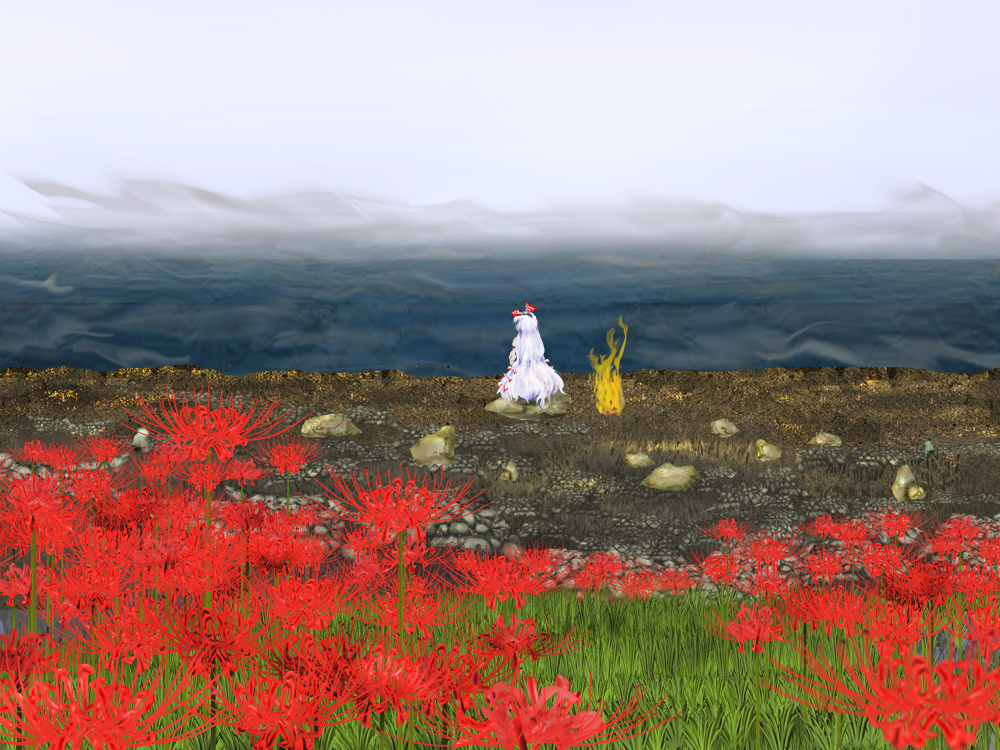 bow, fire, flower, flower_field, fog, fujiwara_no_mokou, hair_bow, kams